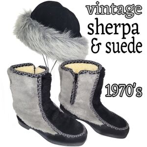 1970's sherpa & suede snowland winter ankle boots w/ bonus faux fur & velvet hat